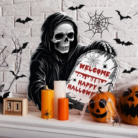 Adesivo da Parete Halloween PVC Tristo Mietitore Scheletro Con Tomba Pipistrelli Ragnatela Decorazione per Festa Soggiorno