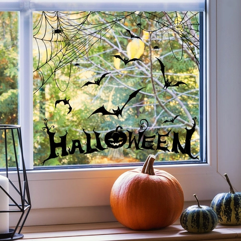 Halloween Window Sticker PVC Black Bat Spider Web Pumpkin Double Sided Printing Static Cling Decoration