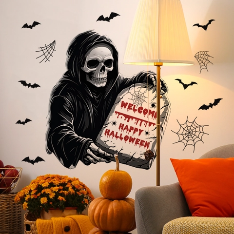 Adesivo da Parete Halloween PVC Tristo Mietitore Scheletro Con Tomba Pipistrelli Ragnatela Decorazione per Festa Soggiorno