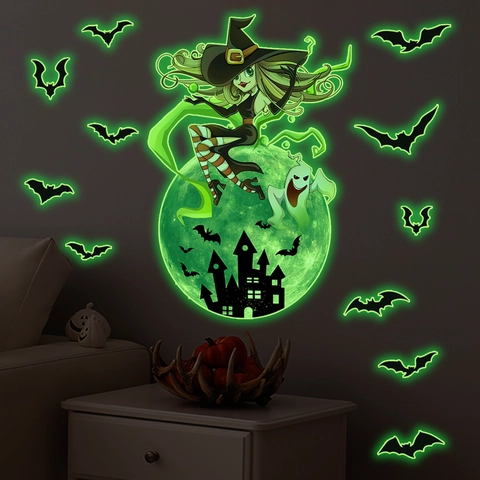 Stickers Muraux Lumineux Halloween Brillent Dans Le Noir Sorcière Fantôme Château Lune Chauves-souris Citrouille Décalcomanies PVC Décoration
