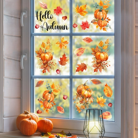 Hello Autumn Fensterbilder Kürbis Ahornblatt Aquarell PVC Doppelseitige Wandtattoo Für Erntedankfest Deko