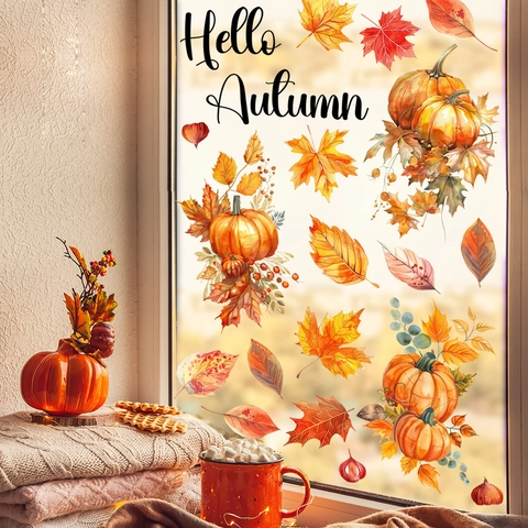 Hello Autumn Fensterbilder Kürbis Ahornblatt Aquarell PVC Doppelseitige Wandtattoo Für Erntedankfest Deko