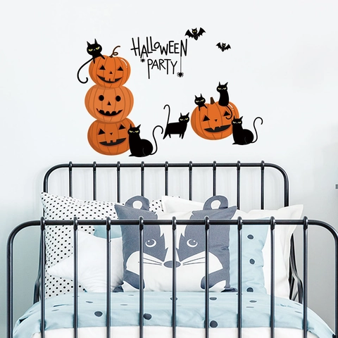 Αυτοκόλλητο Τοίχου Halloween Φανάρι Κολοκύθας Μαύρη Γάτα Νυχτερίδα Δημιουργικό PVC Αφαιρούμενο Διακοσμητικό Σαλόνι