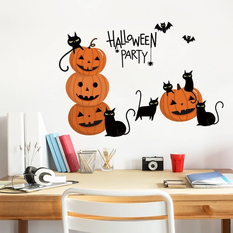 Αυτοκόλλητο Τοίχου Halloween Φανάρι Κολοκύθας Μαύρη Γάτα Νυχτερίδα Δημιουργικό PVC Αφαιρούμενο Διακοσμητικό Σαλόνι