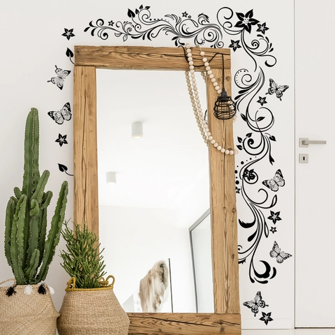 Sticker Mural Élégant Papillon Vigne Florale Noire PVC Autocollant Décalcomanie pour Salon Chambre TV Fond Décoration Maison