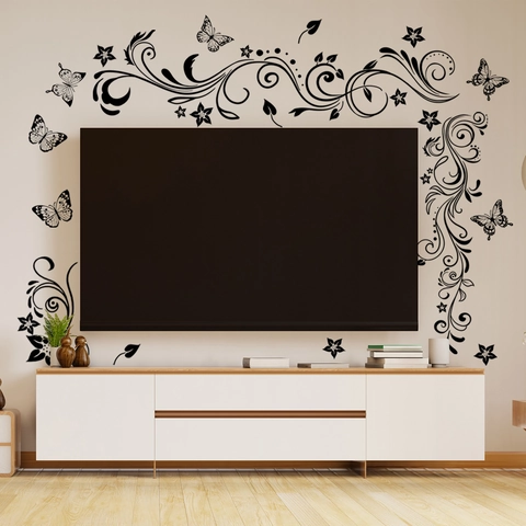 Sticker Mural Élégant Papillon Vigne Florale Noire PVC Autocollant Décalcomanie pour Salon Chambre TV Fond Décoration Maison