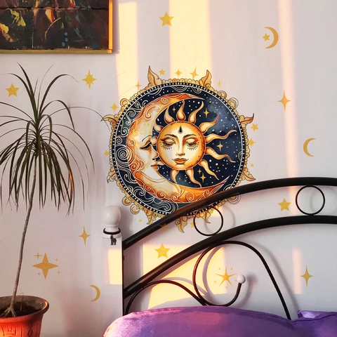 Pegatinas De Pared Sol Luna Estrellas PVC Impermeable Mandala Celestial Estilo Bohemio Decoración Hogar Para Sala De Estar Dormitorio Estética Vintage