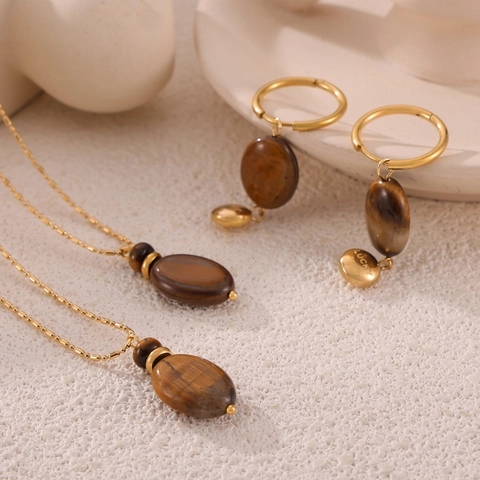 Vintage Titanium Steel Necklace And Earrings Natural Tiger Eye Stone Oval Pendant Lucky Engraved 18K Gold Plated Women