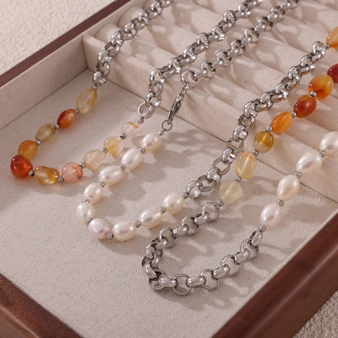 Titanium Steel Spliced Necklace With Natural Stone And Freshwater Pearl Vintage Bohemian O-Chain Necklaces For Women Fashion Jewelry