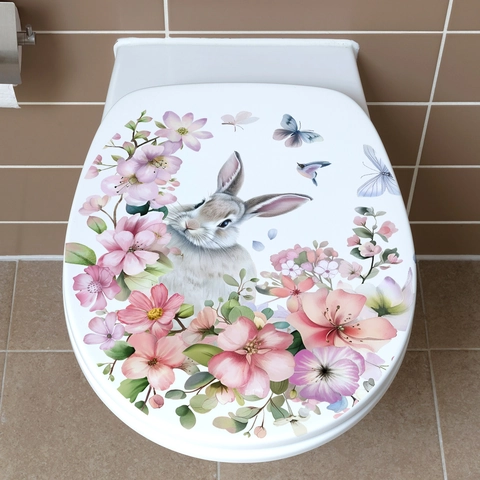 Cartoon Konijn Roze Bloem Vlinder Toiletbril Sticker PVC Waterdicht Verwijderbare Muursticker Voor Badkamer Decoratie