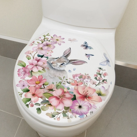 Cartoon Konijn Roze Bloem Vlinder Toiletbril Sticker PVC Waterdicht Verwijderbare Muursticker Voor Badkamer Decoratie