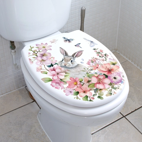 Aquarel Konijn Bloem Toiletdeksel Sticker Roze Floraal Vlinder PVC Waterdicht Muursticker Voor Badkamer Decoratie