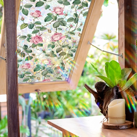 Floral Rose Window Privacy Film Static Cling PVC 3D Mosaic Rainbow Window Sticker Frosted Heat Control Sun Shading Decal For Home Office Bathroom
