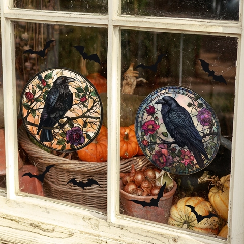 Adhesivos para Ventanas de Halloween Gótico Vidrio Colores Cuervo Rosa Doble Cara Estática PVC Calcomanías Decoración