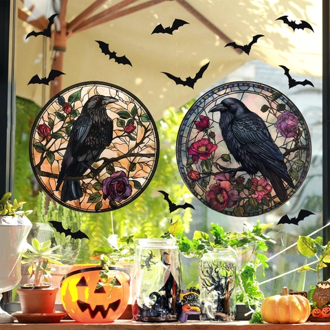 Adhesivos para Ventanas de Halloween Gótico Vidrio Colores Cuervo Rosa Doble Cara Estática PVC Calcomanías Decoración