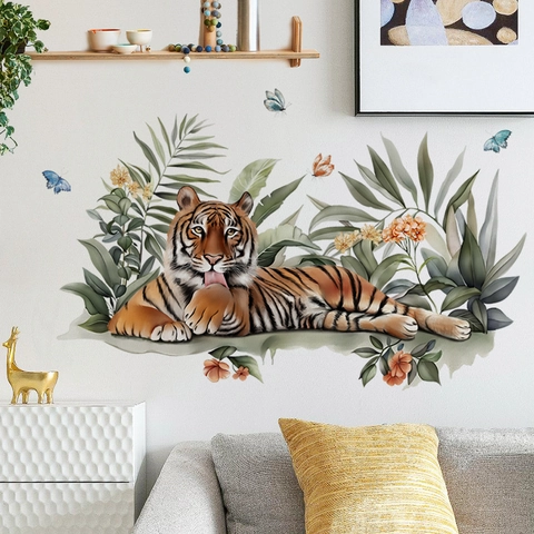 Tijger Tropische Bladeren Muurstickers PVC Aquarel Dieren Botanische Muurstickers Voor Kinderkamer Woonkamer Slaapkamer Home Decor