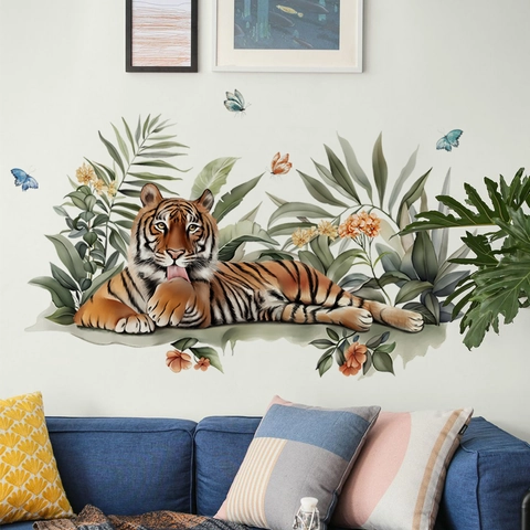 Tiger Tropische Blätter Wandtattoo PVC Aquarell Tiere Botanische Wandsticker Für Kinderzimmer Wohnzimmer Schlafzimmer Deko