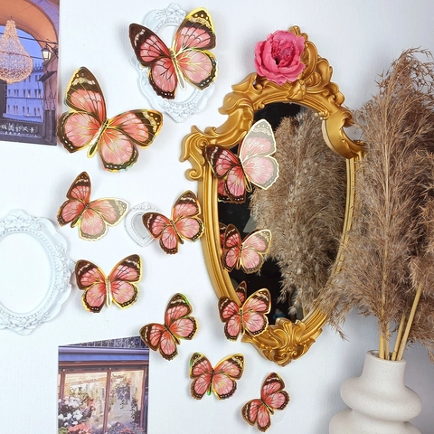 3D Butterfly Wall Stickers PVC Double Layer Pink Gold Gradient Romantic Wall Decals For Bedroom Living Room Wedding Decor