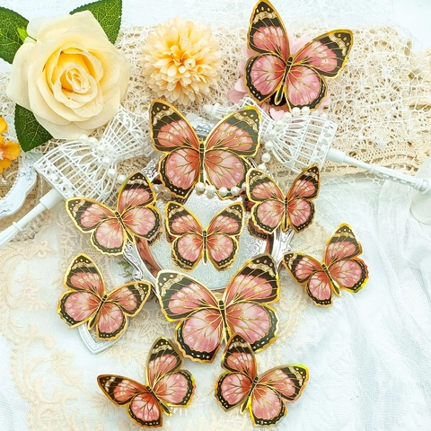 3D Butterfly Wall Stickers PVC Double Layer Pink Gold Gradient Romantic Wall Decals For Bedroom Living Room Wedding Decor