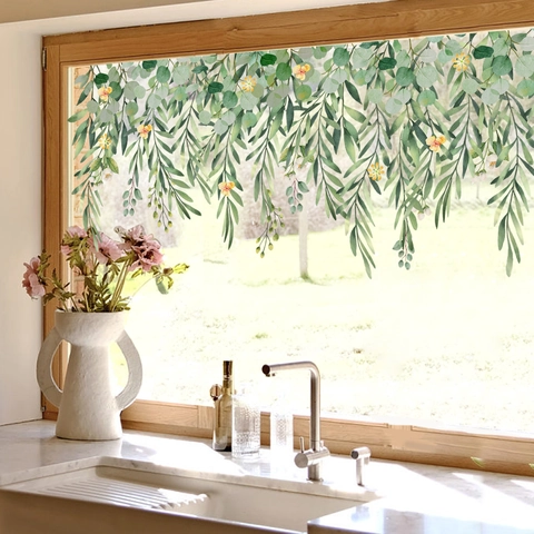 Hanging Green Plants Window Stickers PVC Static Cling Eucalyptus Vines Wall Decal For Glass Mirror Kitchen Bathroom Decor