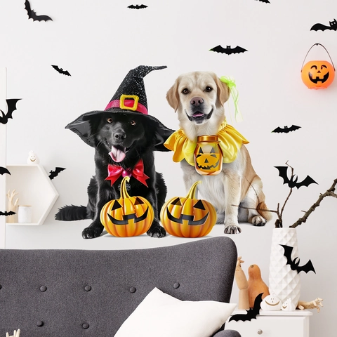 Halloween Static Window Cling PVC Sticker Featuring Cute Dogs Pumpkins And Bats Double Sided Decorative Decals For Holiday Window Decor