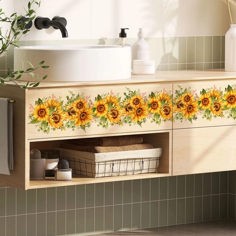 Sticker Mural Bordure Tournesol Étanche PVC Auto-Adhésif Décalcomanies Florales Pour Cuisine Salle De Bain Décoration Maison