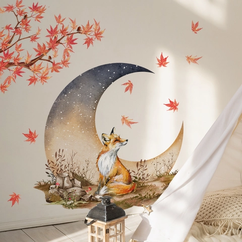 Aquarell Wandaufkleber PVC Mond Fuchs Ahornblatt Herbst Dekor Kinderzimmer Schlafzimmer Wohnzimmer Handbemalt