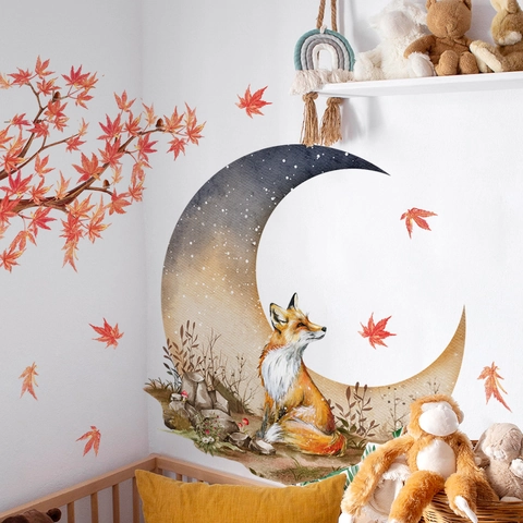 Aquarell Wandaufkleber PVC Mond Fuchs Ahornblatt Herbst Dekor Kinderzimmer Schlafzimmer Wohnzimmer Handbemalt
