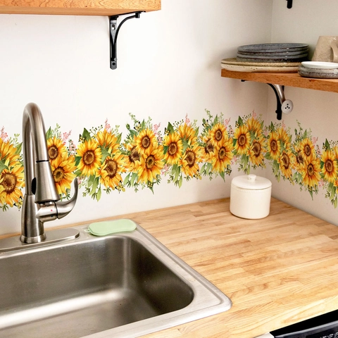 Sticker Mural Bordure Tournesol Étanche PVC Auto-Adhésif Décalcomanies Florales Pour Cuisine Salle De Bain Décoration Maison