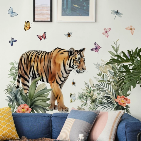 Autocollants Muraux En PVC Tigre Feuilles Tropicales Fleurs Papillons Décoration Murale Aquarelle Chambre Enfants Salon