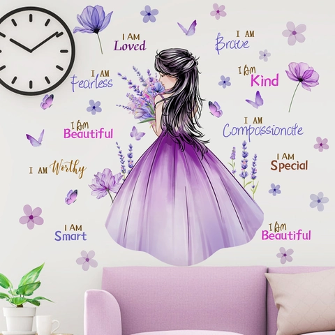 Stickers Muraux Fille En Robe Violette Lavande Papillon Citations Motivantes PVC Autocollants Amovibles Chambre