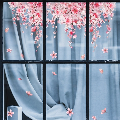 Vinilos Ventana Cerezo Rosa Estáticos PVC Doble Cara Pegatinas Florales Removibles Cristal Decoración Pared