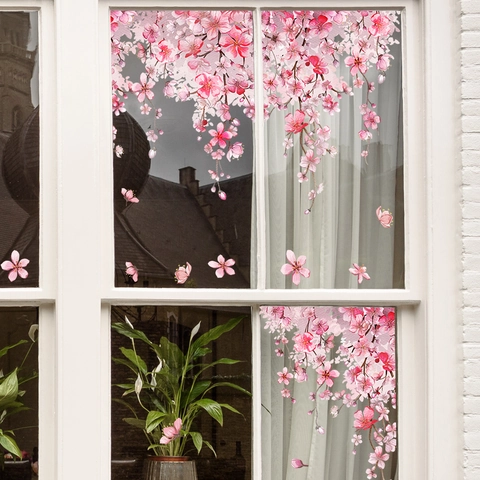 Pegatinas De Ventana Flor De Cerezo Estática PVC Doble Cara Rosa Floral Mariposa Decoración Para El Hogar