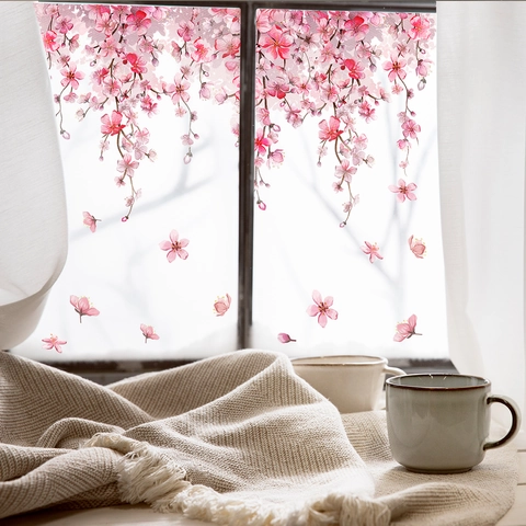 Pegatinas De Ventana Flor De Cerezo Estática PVC Doble Cara Rosa Floral Mariposa Decoración Para El Hogar