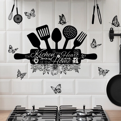 Küche Wandtattoo PVC Aufkleber Heart Of The Home Spruch Schwarz Schmetterling Blume Utensilien Deko