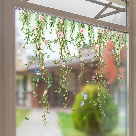 Aquarell Ranken Rosa Rosen Vögel Fensteraufkleber PVC Selbstklebende Wandtattoos Für Glastür Wohndekoration Wohnzimmer Büro