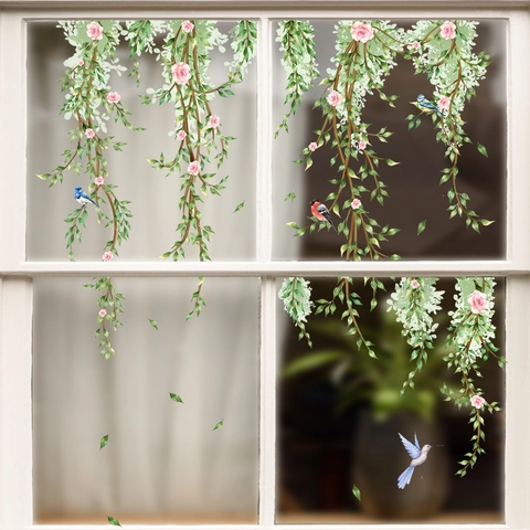Aquarell Ranken Rosa Rosen Vögel Fensteraufkleber PVC Selbstklebende Wandtattoos Für Glastür Wohndekoration Wohnzimmer Büro