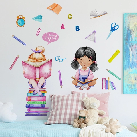 Pegatinas de Pared de PVC de Niña Leyendo de Dibujos Animados en Acuarela para Dormitorio Infantil Estudio Tema Educativo