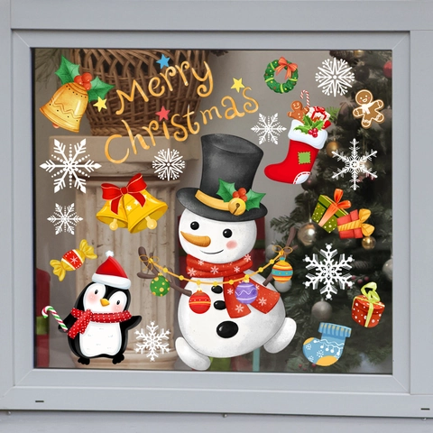 Christmas Window Stickers Static Cling PVC Snowflake Snowman Penguin Decals For Glass Door Holiday Home Decoration