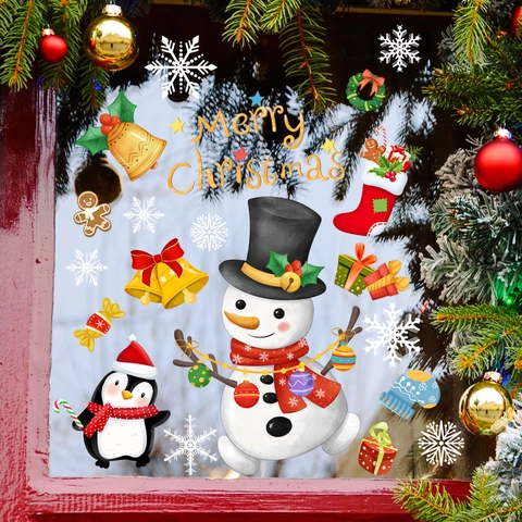 Christmas Window Stickers Static Cling PVC Snowflake Snowman Penguin Decals For Glass Door Holiday Home Decoration