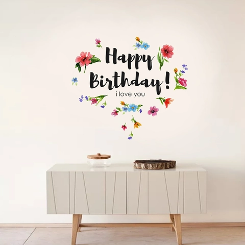 Adesivi Murali Buon Compleanno Con Fiori Ad Acquerello Decalcomanie Decorative In PVC Per Camera Da Letto Soggiorno Festa
