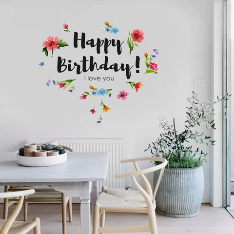 Adesivi Murali Buon Compleanno Con Fiori Ad Acquerello Decalcomanie Decorative In PVC Per Camera Da Letto Soggiorno Festa