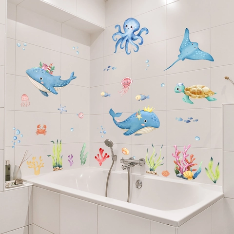Adesivi Murali Animali Marini PVC Impermeabile Acquerello Balena Tartaruga Polpo Decalcomanie Per Cameretta Bambini Bagno DIY