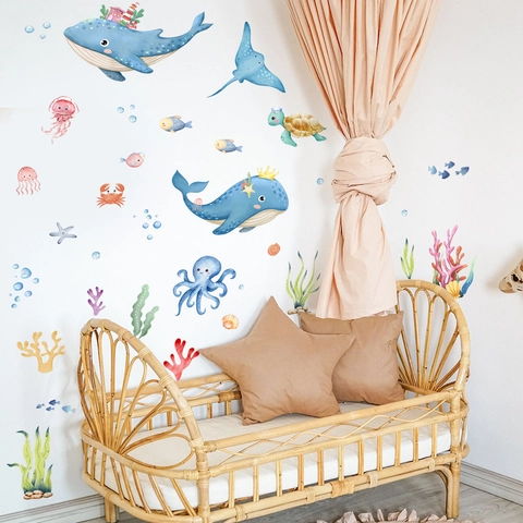 Adesivi Murali Animali Marini PVC Impermeabile Acquerello Balena Tartaruga Polpo Decalcomanie Per Cameretta Bambini Bagno DIY
