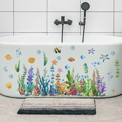 Ozeanwelt Cartoon Fisch Seegras Seestern Badewanne Wandtattoo Wasserdichtes PVC Aufkleber Für Kinder Badezimmer Kinderzimmer