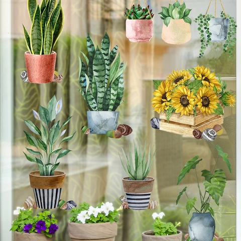 Watercolor Potted Plant Wall Stickers PVC Sunflower Succulent Decals For Window Glass Living Room Bedroom Decor