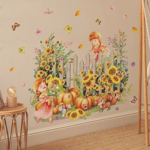 Autocollants Muraux Tournesol Fille Citrouille PVC Amovible Auto-adhésif Moisson Automne Décalcomanies Pastorales Pour Salon Crèche