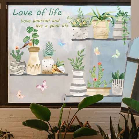 Watercolor Potted Plants Wall Stickers PVC Static Window Clings Floral Succulent Bird Butterfly Decal For Home Decoration