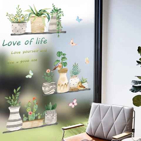 Watercolor Potted Plants Wall Stickers PVC Static Window Clings Floral Succulent Bird Butterfly Decal For Home Decoration
