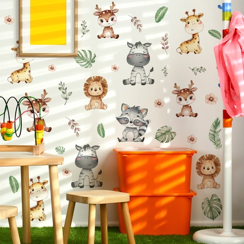 Stickers Muraux Animaux Dessin Animé PVC Imperméable Amovible Décoration Chambre Enfant Aquarelle Peint À La Main Animaux Jungle Forêt